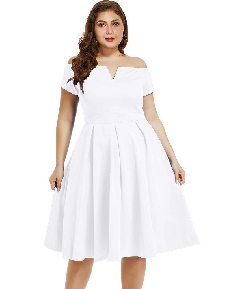 LALAGEN Women's Plus Size Vintage 1950s Party Cocktail Wedding Swing Midi Dress White XXXL - Image 1